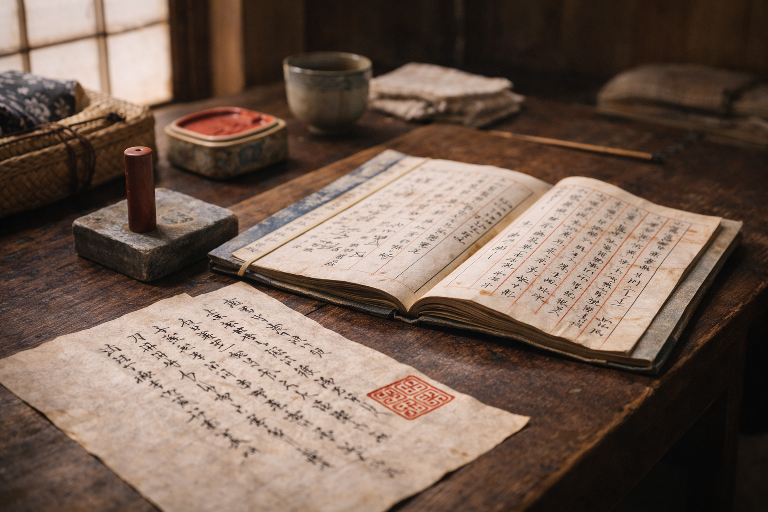 家庭の机に置かれた印鑑と書類のイメージ